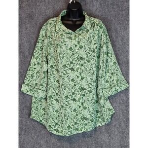 Woman Within 2X Floral Button Down 3/4 Sleeve Green Casual Shirt Top Blouse Cuff